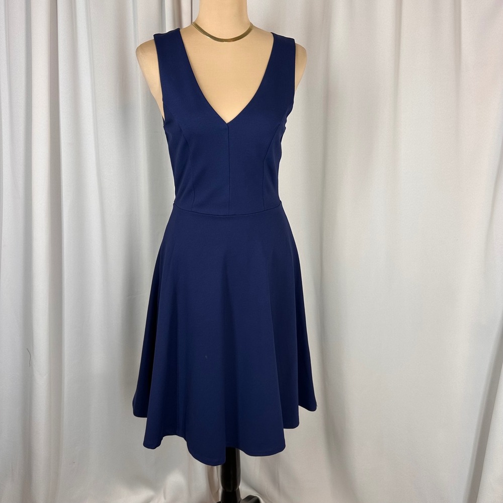 Lulus Navy Blue V Neck Fit and Flare Skater Dress Sleeveless Ponte Knit Small